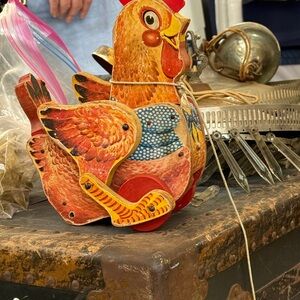 Vintage 1930s Wooden Fisher Price Hen Pull Toy “ Katy Klacker”